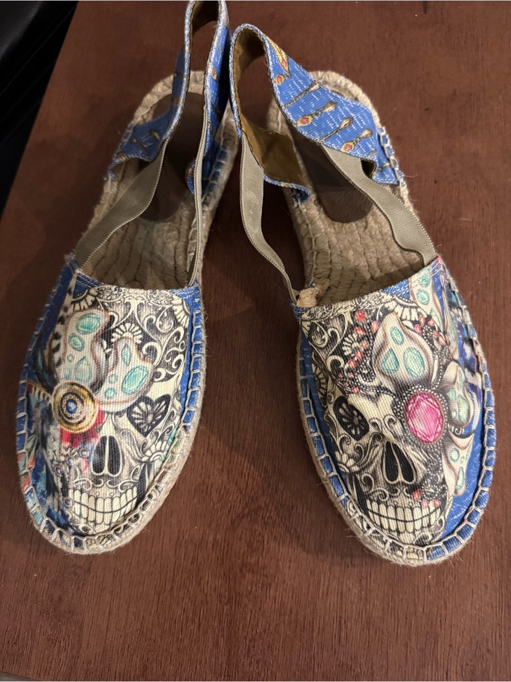 Blue Floral Sugar Skull Espadrille Slingbacks